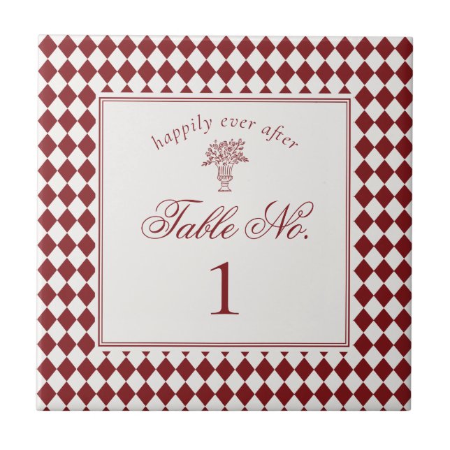 Red Merlot Harlequin Checker Wedding Table Number Tile (Front)