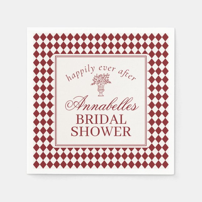 Red Merlot Harlequin Checkered Bridal Shower Napkin (Front)