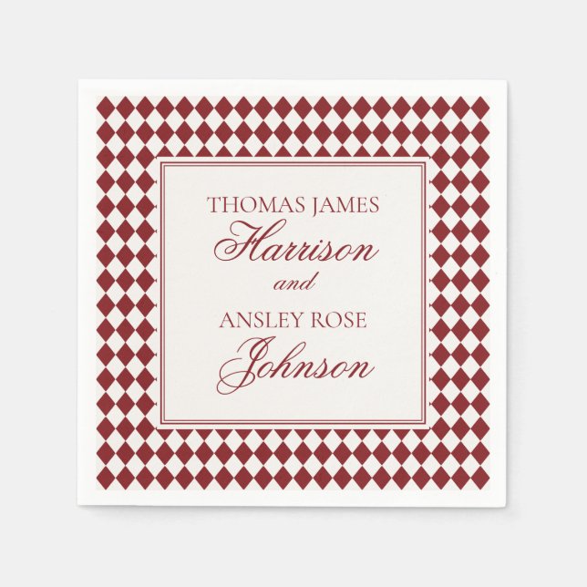 Red Merlot Harlequin Checkered Wedding Napkin (Front)