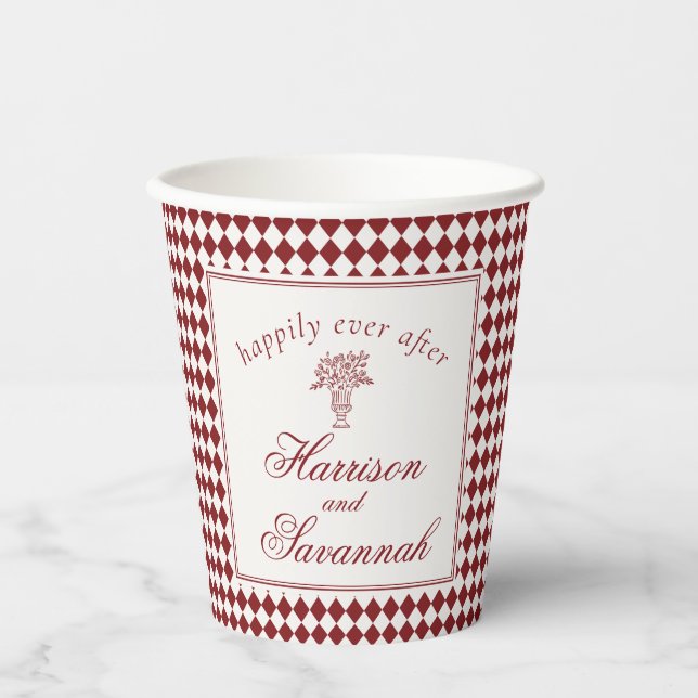 Red Merlot Harlequin Checkered Wedding Paper Cups (Front)