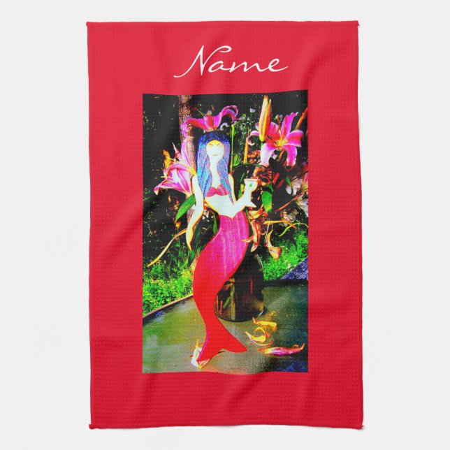 Red mermaid beauty partying Thunder_Cove  Tea Towel (Vertical)