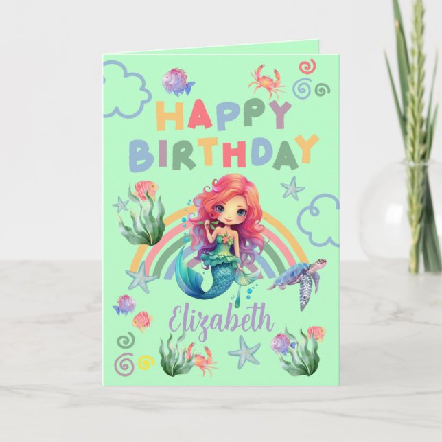 Red Mermaid Birthday Card in Green (Front)
