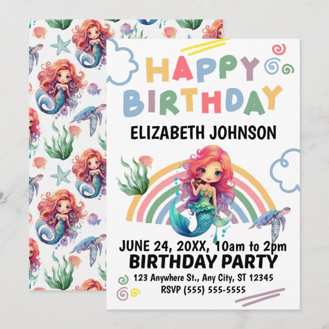 Red Mermaid Birthday Invitation (Front/Back)
