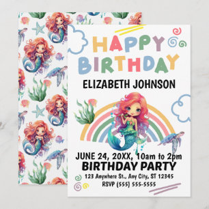 Red Mermaid Birthday Invitation in White