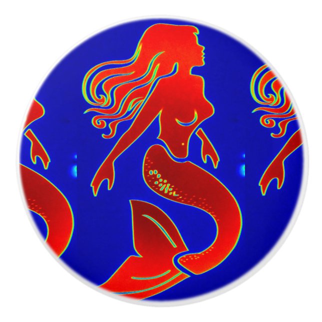 red mermaid on blue ceramic knob (Front)