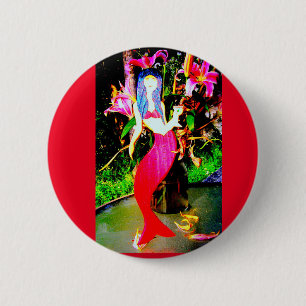 red mermaid partying 6 cm round badge