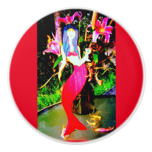 red mermaid partying ceramic knob
