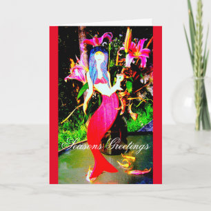 red mermaid partying Seasons Greetings Holiday Card