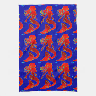 red mermaids on blue kitchen towel