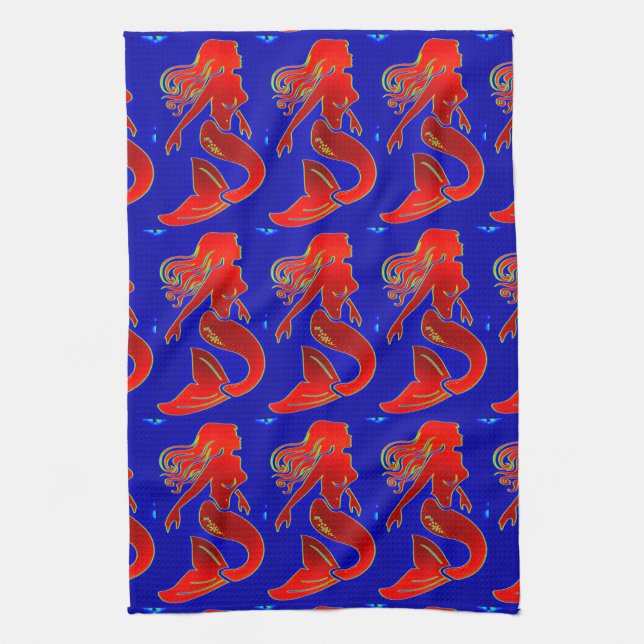 red mermaids on blue kitchen towel (Vertical)