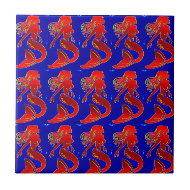 red mermaids on blue tile (Front)