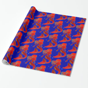 red mermaids on dark blue wrapping paper