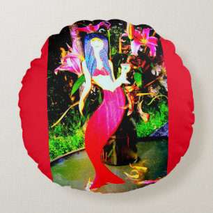red mermaids partying round cushion