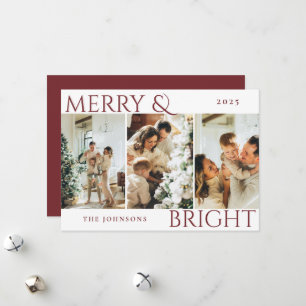 Red Merry and Bright 3 Photo Collage Holiday Card