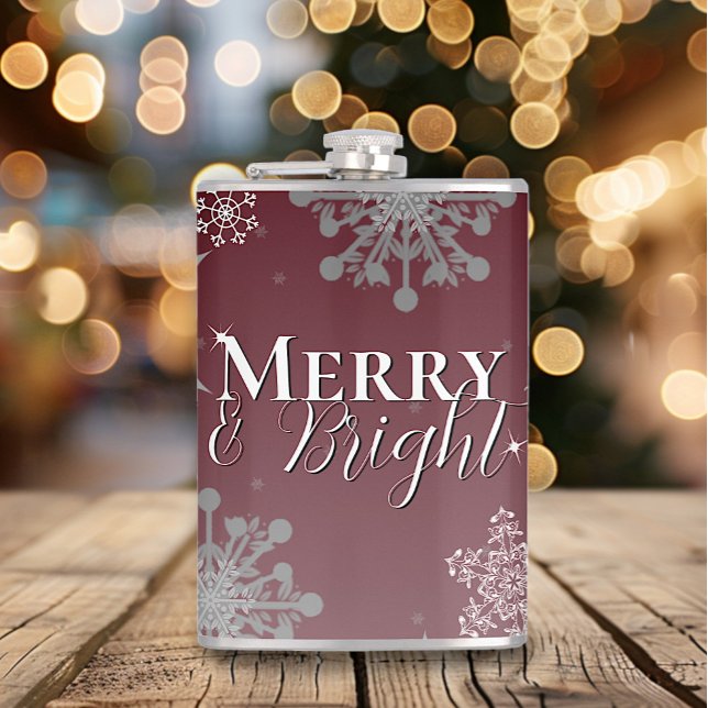 Red Merry and Bright Snowflakes Christmas Hip Flask (Red Merry and Bright Snowflakes Christmas Flask)