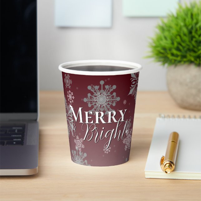 Red Merry and Bright Snowflakes Christmas Paper Cups (Insitu)