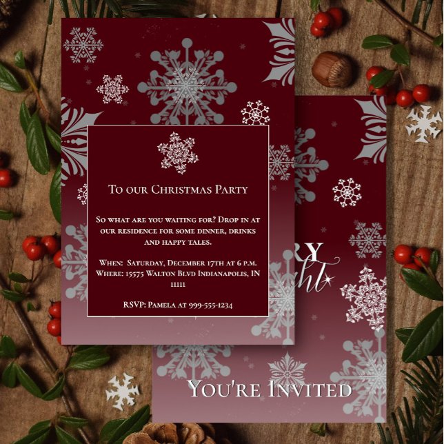 Red Merry and Bright Snowflakes Christmas Party Invitation (Red Merry and Bright Snowflakes Christmas Party Invitation)