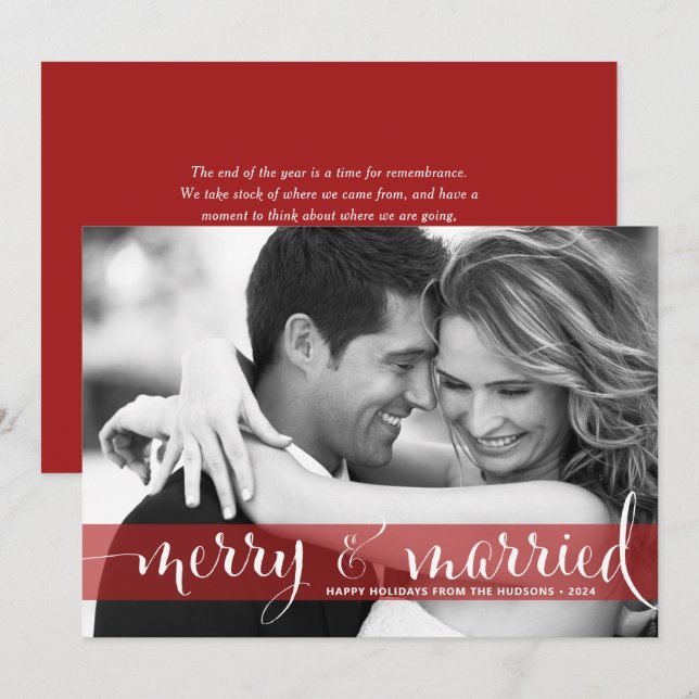 Red Merry and Married Newlyweds Photo Christmas Holiday Card (Front/Back)