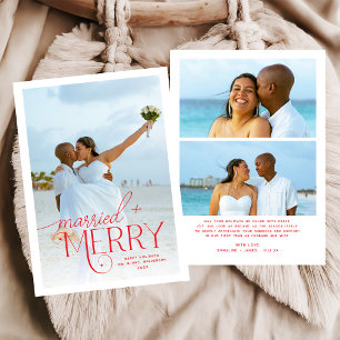 Red Merry and Married Photo Newlyweds Christmas Holiday Card
