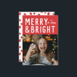 Red Merry & Bright Bold Typography Christmas Photo Holiday Card<br><div class="desc">Send on trend this year with this fresh new holiday photo card featuring modern typography with your photo below. The back features a pattern and a spot for an additional photo and sentiment. This card is completely customisable including fonts and colours.</div>