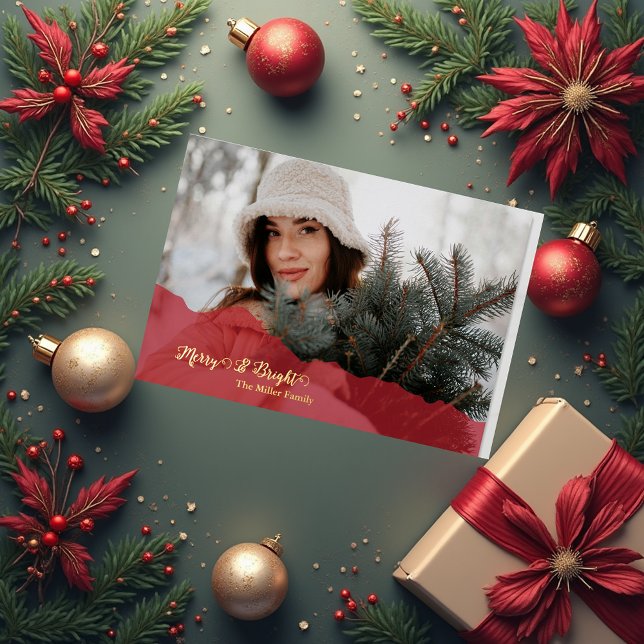 red Merry & Bright Christmas family Photo gold (Creator Uploaded)