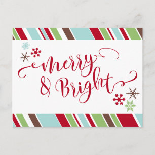 Red Merry & Bright, Snowflakes & Diagonal Stripes Holiday Postcard