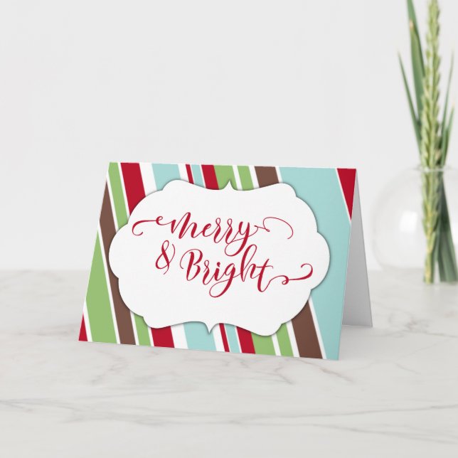 Red Merry & Bright Typography w/ Diagonal Stripes Holiday Card (Front)
