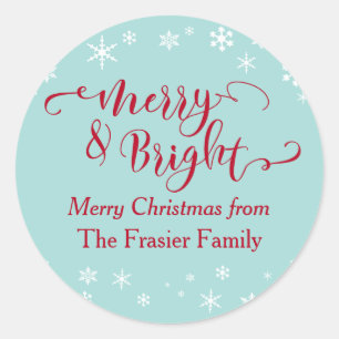 Red Merry & Bright w/ White Snowflakes on Blue Classic Round Sticker