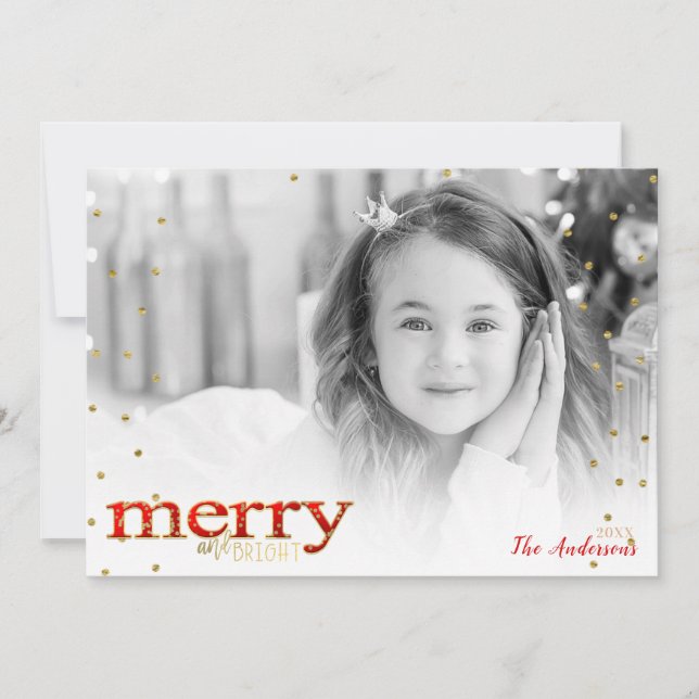 Red Merry & Bright White Gold Holiday Photo (Front)
