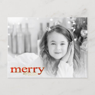 Red Merry & Bright White Gold Holiday Photo Postcard