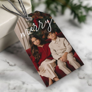 Red Merry Calligraphy - vertical Photo white type Gift Tags