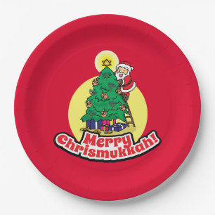 Red Merry Chrismukkah with Santa Paper Plate