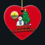 Red Merry Chrismukkah with Snowman and Menorah Ceramic Tree Decoration<br><div class="desc">Add these fun interfaith (Hanukkah and Christmas) ornaments to your Chrismukkah celebrations this year. If you celebrate the holidays together, these are a nice touch. This is our design and you won't find it anywhere other than in our store. Chrismukkah is celebrated by people usually in families with both Jewish...</div>