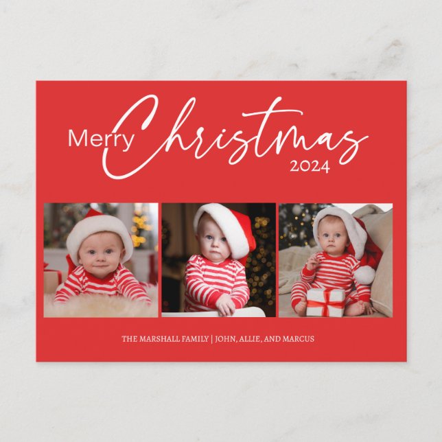 Red Merry Christmas 2024 Photo Collage Typography  Holiday Postcard (Front)
