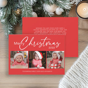 Red Merry Christmas 2025 Photo Collage Typography Holiday Card
