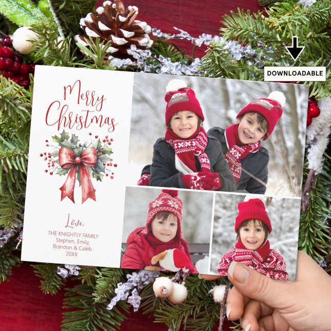 Red Merry Christmas 3 Photos Script Holly Bow Holiday Card (Creator Uploaded)