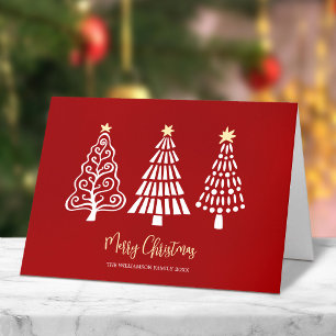 Red Merry Christmas 3 Trees Script Name Whimsical Holiday Card
