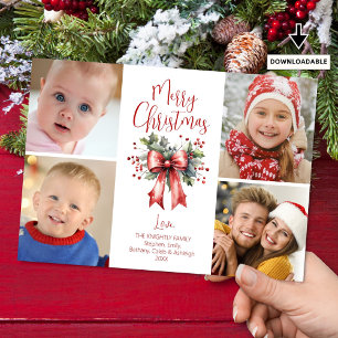 Red Merry Christmas 4 Photo Script Bow Holly Holiday Card