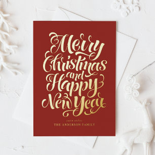 Red Merry Christmas and a Happy New Year Foil Holiday Postcard