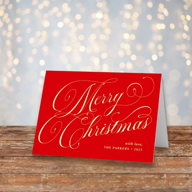 Red Merry Christmas and Photo | Calligraphy Gold Foil Holiday Card (Creator Uploaded)