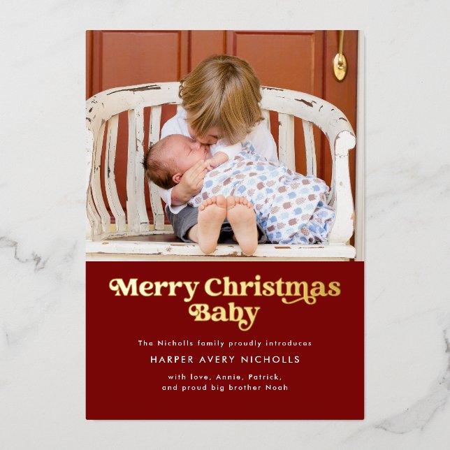Red Merry Christmas Baby Foil Birth Announcement (Front)