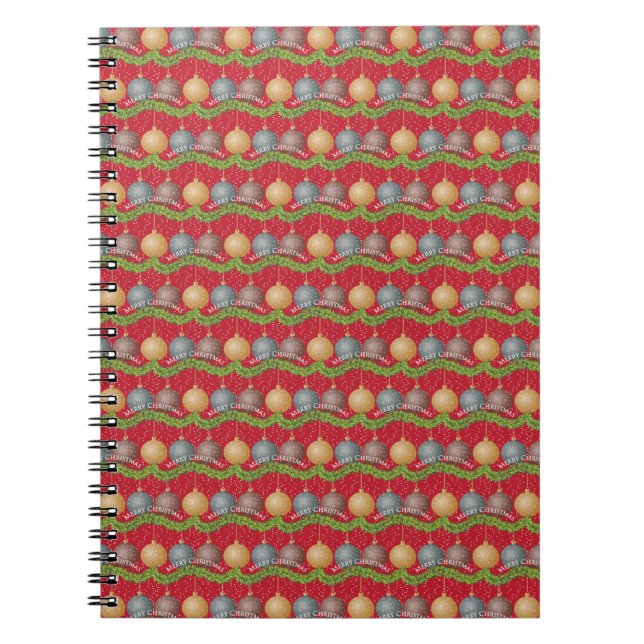 RED Merry Christmas ball ornaments pattern Spiral Notebook (Front)