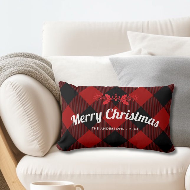 Red Merry Christmas Buffalo Plaid Lumbar Cushion (Creator Uploaded)