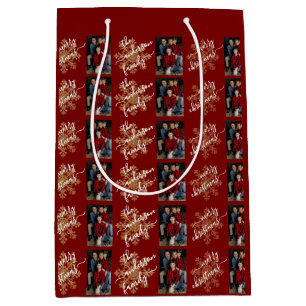 Red Merry Christmas Calligraphy Family 2 Photo Medium Gift Bag