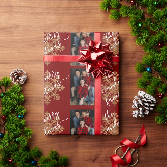 Red Merry Christmas Calligraphy Family 2 Photo Wrapping Paper (Holiday Gift)