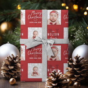 Red Merry Christmas Calligraphy Family 2 photo Wrapping Paper