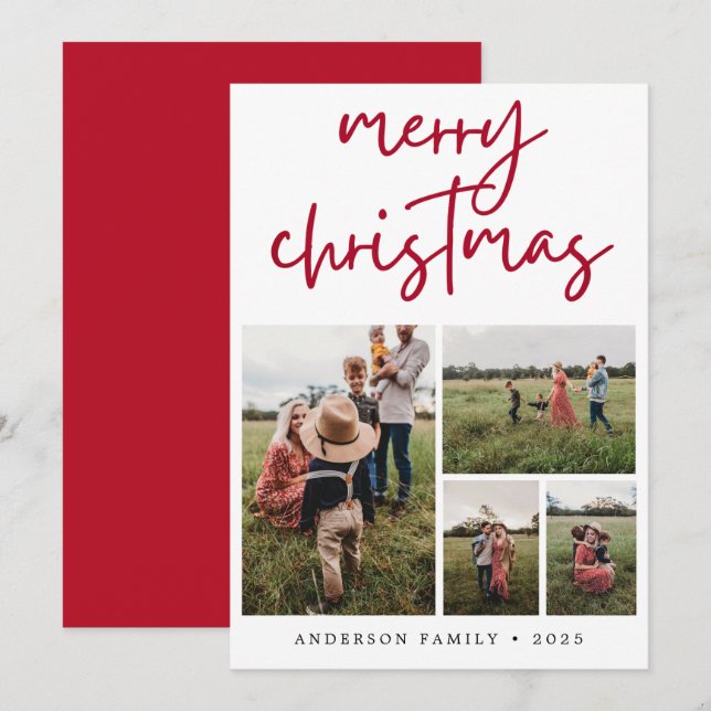 Red Merry Christmas Calligraphy Photo Holiday Card (Front/Back)