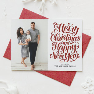 Red Merry Christmas Calligraphy Photo Holiday Card