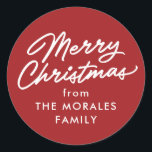 Red Merry Christmas casual script holiday gift Classic Round Sticker<br><div class="desc">Add this personalised Merry Christmas sticker to all your Christmas gifts. This dark red Christmas gift sticker features a casual "Merry Christmas" along with custom text. Add a from to your Christmas presents, Christmas party favours and more. Also great as a Christmas cookie sticker or for other food gifts. Find...</div>