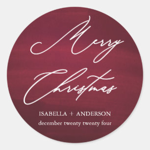Red Merry Christmas Elegant Script Classic Round Sticker